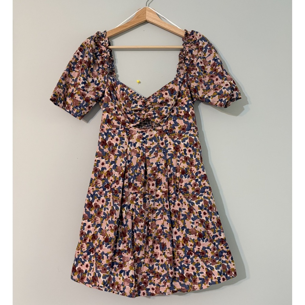 Lena Boho Multicolor Floral Dress Cutout Front Smocked Back Women's Size M